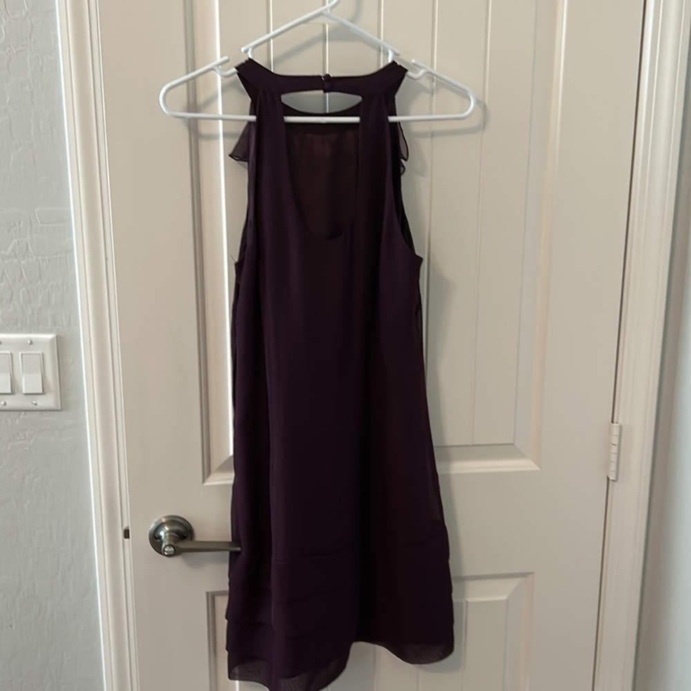Women deep purple front ruffled dress w/bottom pleats. - Picture 4 of 8